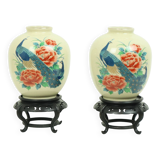 Pair of Japanese Vases Peacocks Flowers Crackle Ceramic 26cm