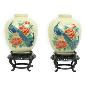 Pair of Japanese Vases Peacocks Flowers Crackle Ceramic 26cm