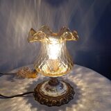 Baroque inspired table lamp, bronze, ceramic flowers and glass globe