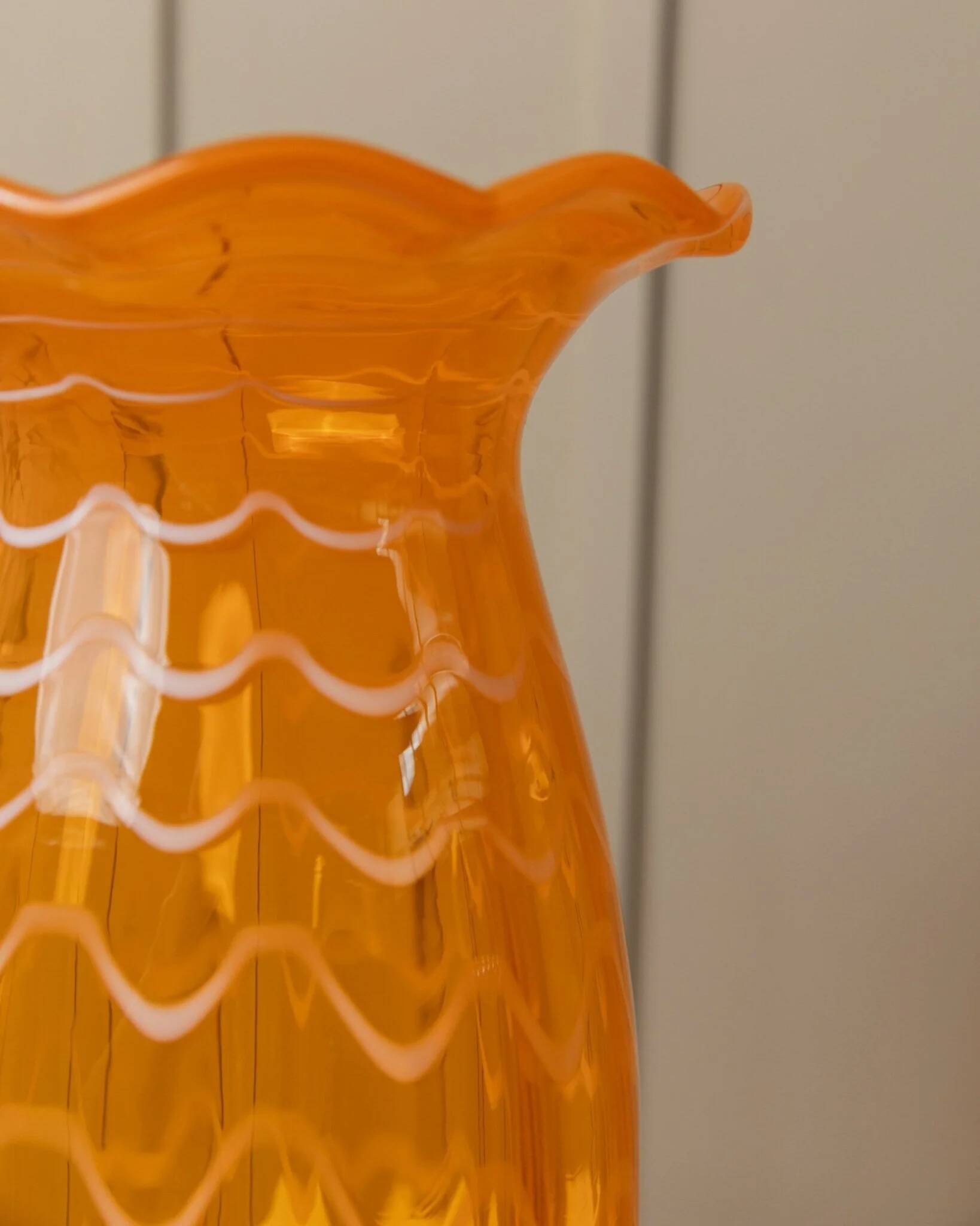 Orange Murano glass vase, XL 34cm, 1970s Italy, white stripes and wavy rim