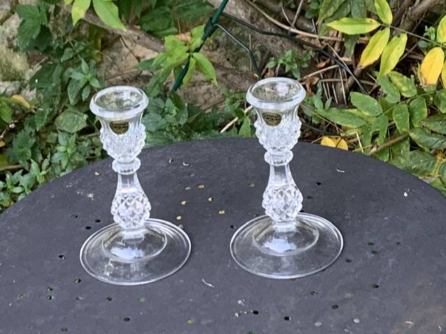Pair of crystal candlesticks, darques crystal, diamond pattern, vintage Original label