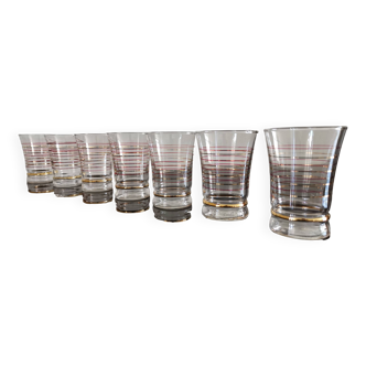 Set of 7 vintage glasses with gold and red edges from the 50s/60s