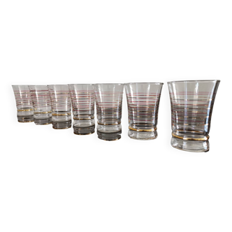 Lot de 7 verres vintage liserés dorés et rouges années 50/60