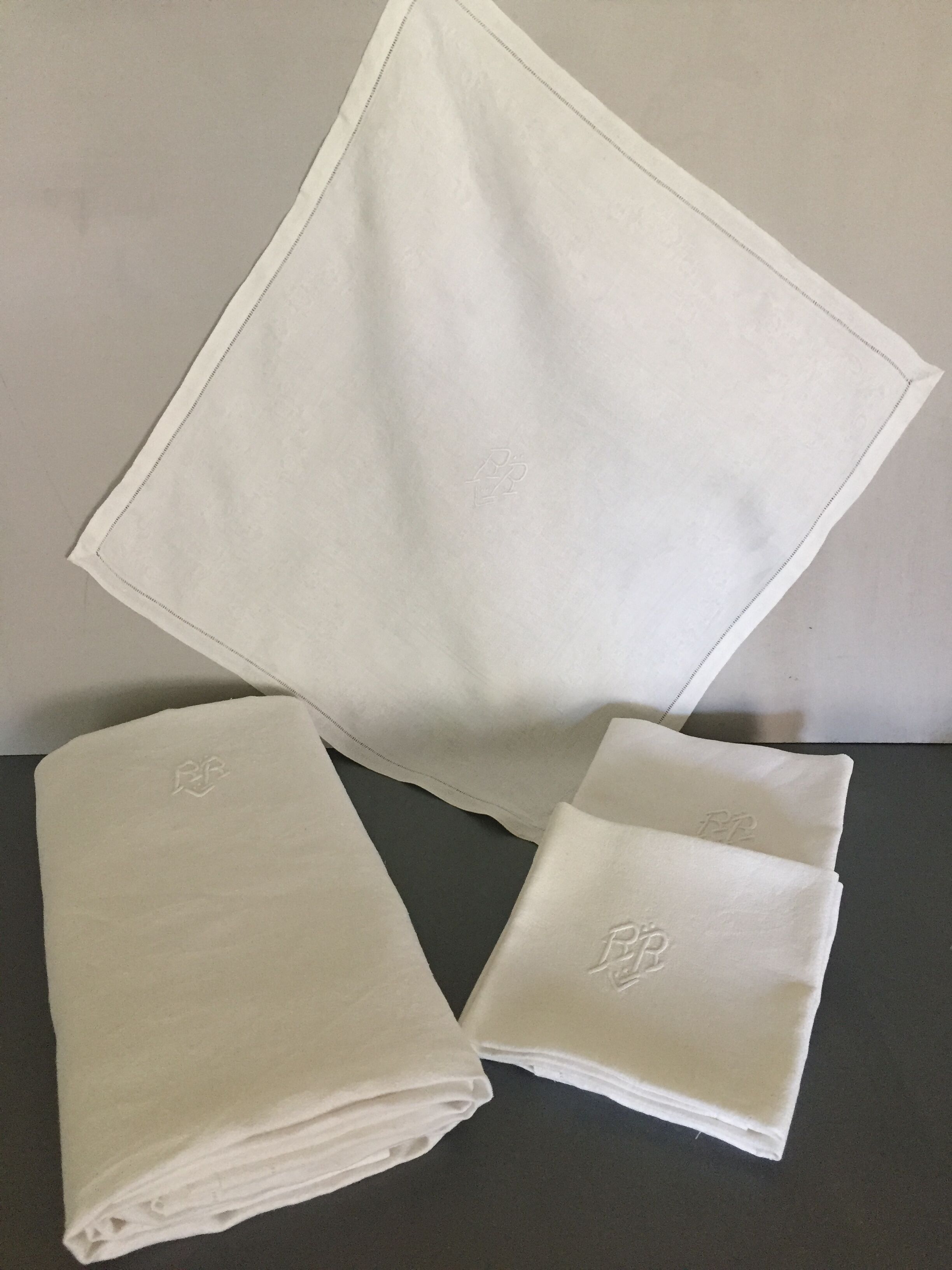 8 damask napkins, monogram, old linen