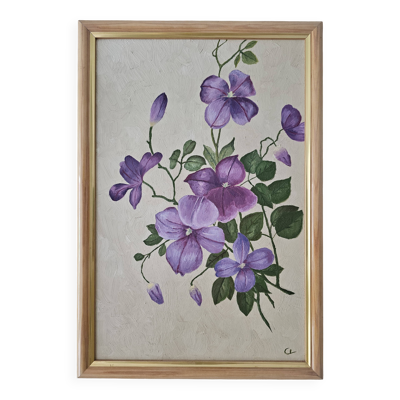 Tableau huile sur panneau - fleurs clématites mauves signé colson lydie