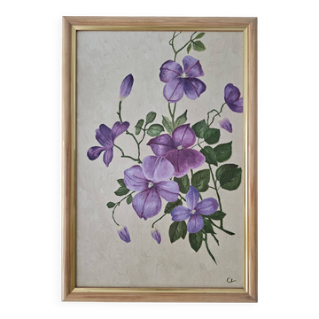 Oil painting on panel - purple clematis flowers signed colson lydie