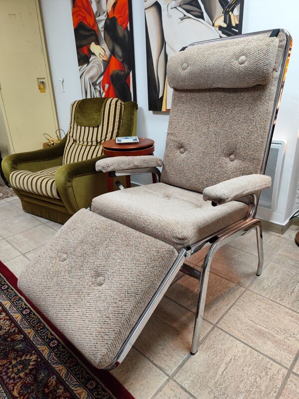 Fauteuil relax tissu et inox années 70