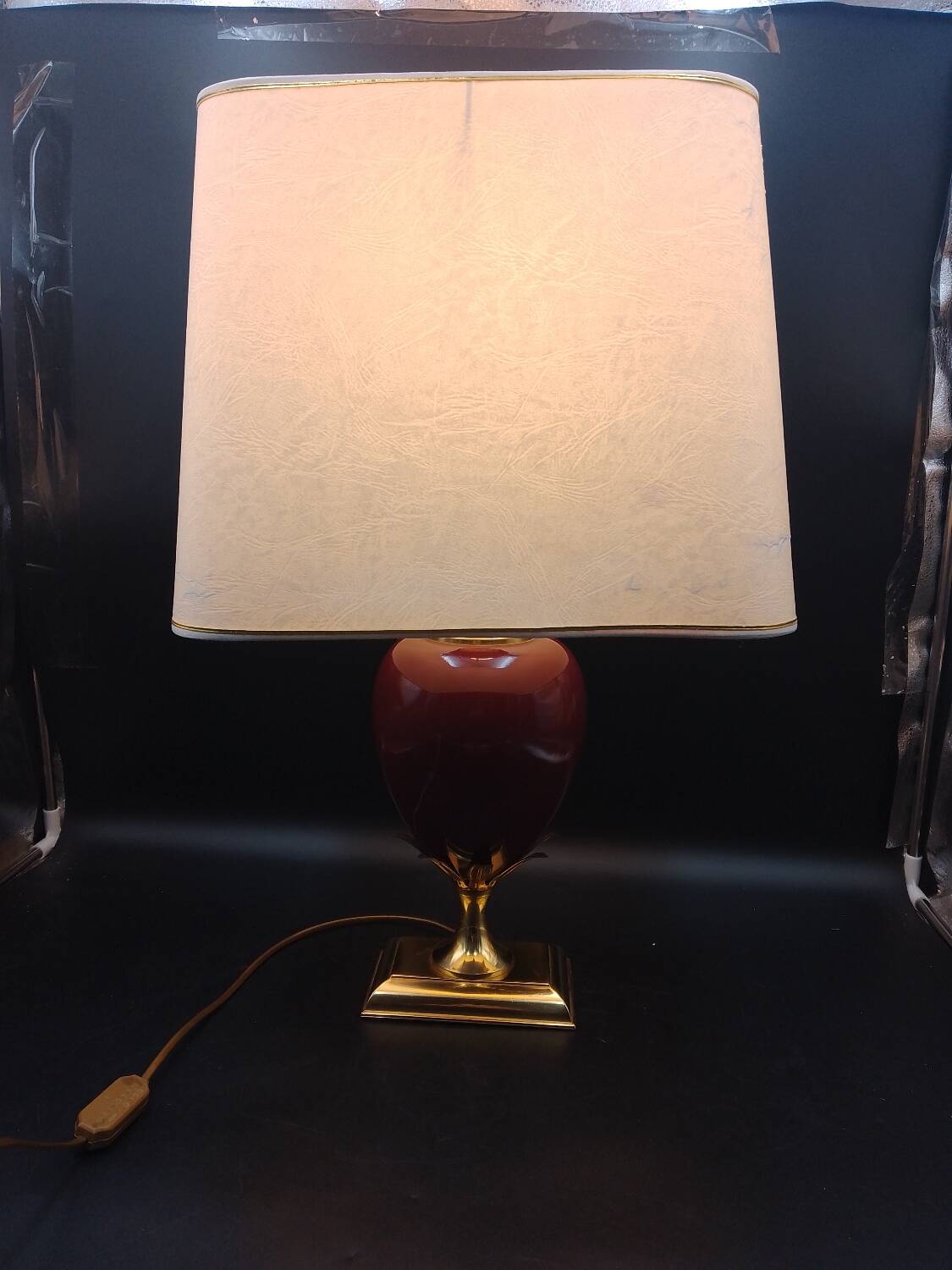 Beautiful Bordeaux Porcelain and Brass Lamp Le Dauphin Model Ançay Annanas