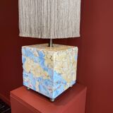 Base stuck blue beige marble-plaster, fringed lampshade Houles, 21st century.