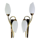 Pair of 1950s wall lights in brass and opaline tulips, Lunel/Arlus