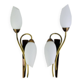 Pair of 1950s wall lights in brass and opaline tulips, Lunel/Arlus