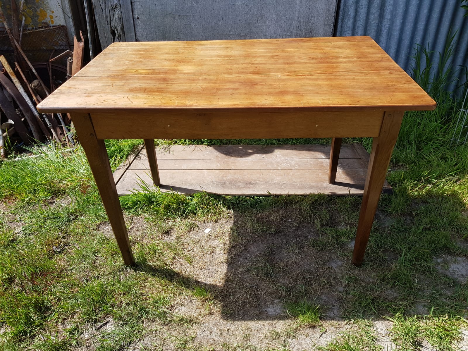 Old Farm Table - Wood Drawer Feet Compas Handle Vintage Porcelain