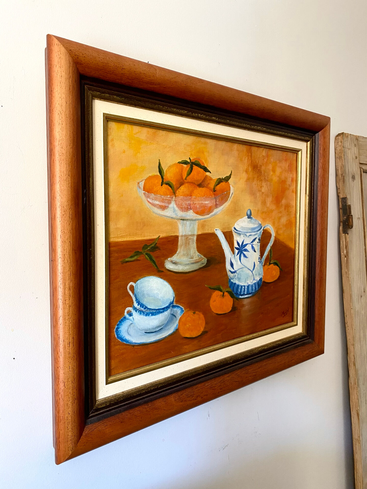 Still life with mandarins and blue pottery, oil on canvas