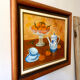 Still life with mandarins and blue pottery, oil on canvas