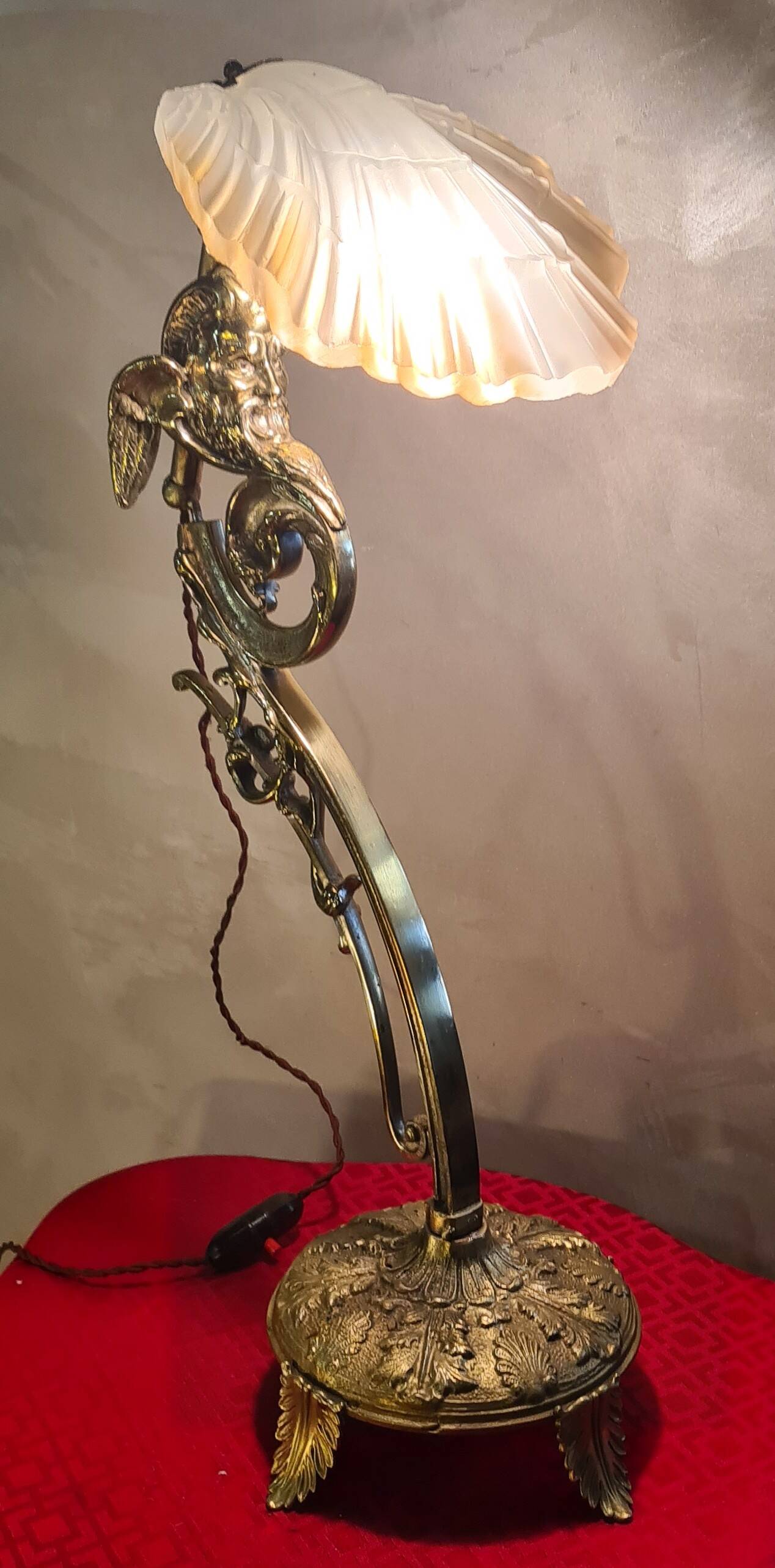 gilded bronze lamp 58x25x6kg glass shell lampshade 1960 original electric o