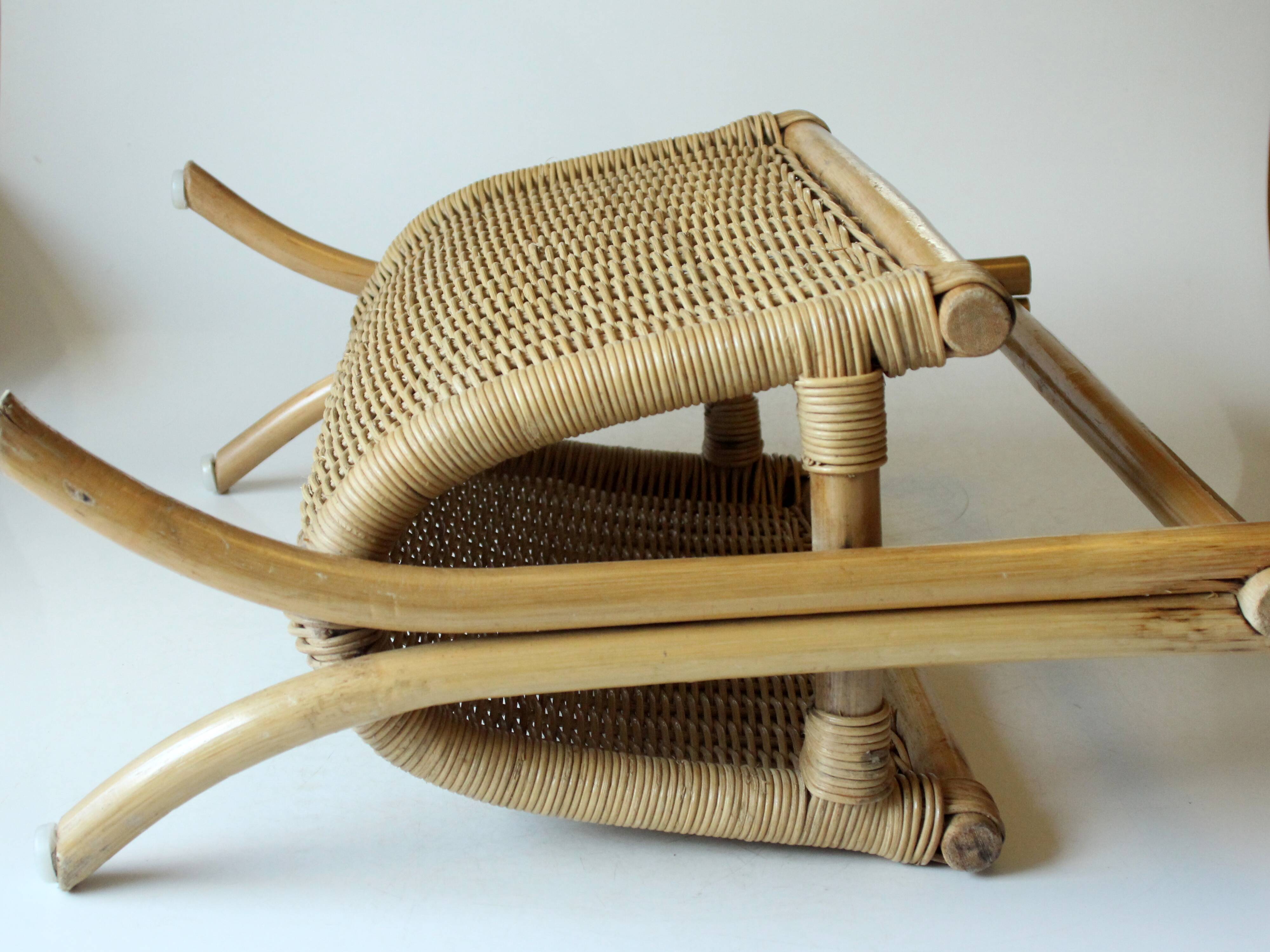 Magazine rack made of bamboo, rattan and wood, vintage from the 70s