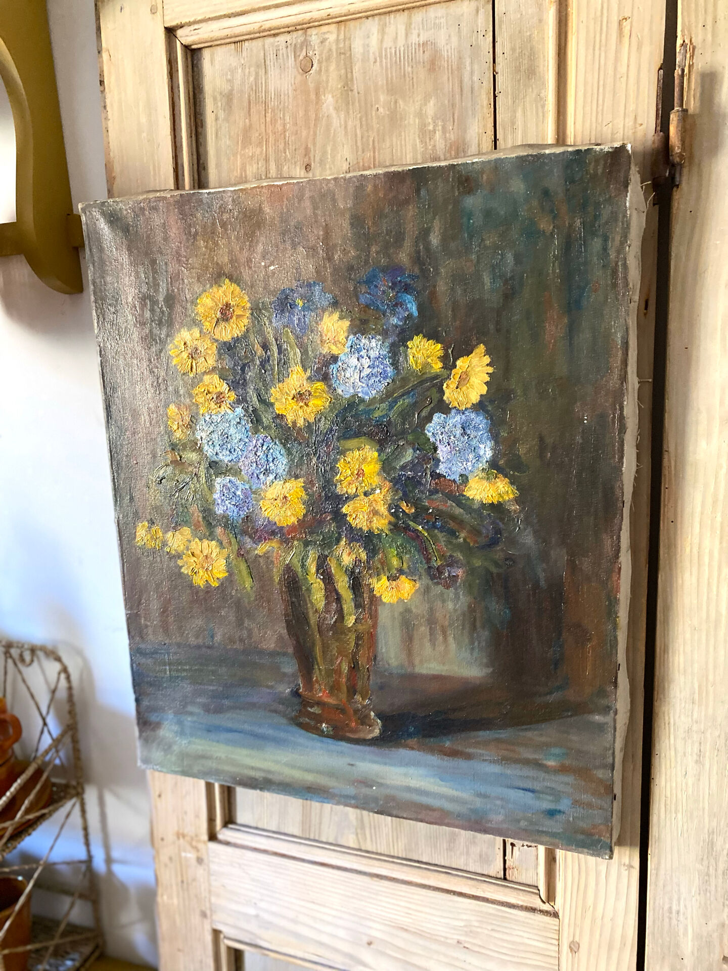 Oil on canvas, bouquet of yellow and blue flowers, mid-20th century.