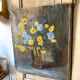 Oil on canvas, bouquet of yellow and blue flowers, mid-20th century.