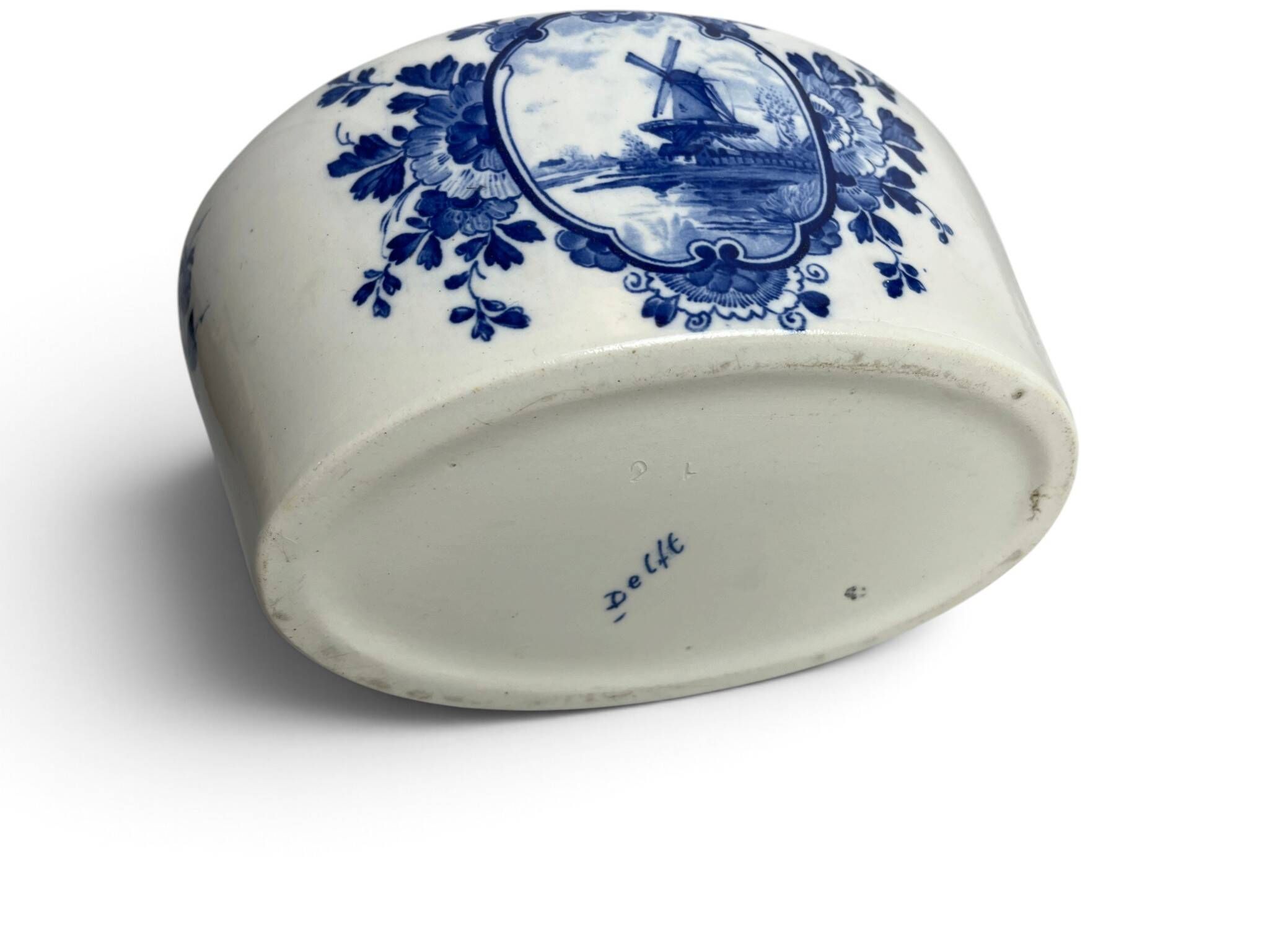 Delft, decorative pot planter with boat and windmill design from the early 20th century.