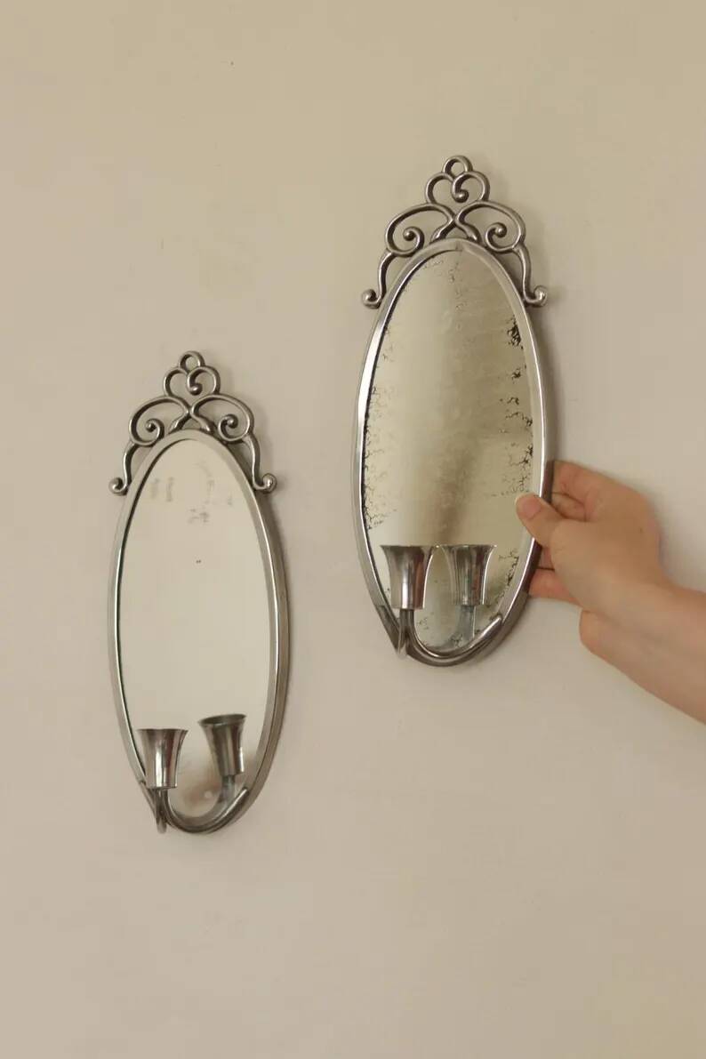 Pair of Swedish Tin Wall Sconces, Mid-Century Style with Mirror by Svenskt - Tenn