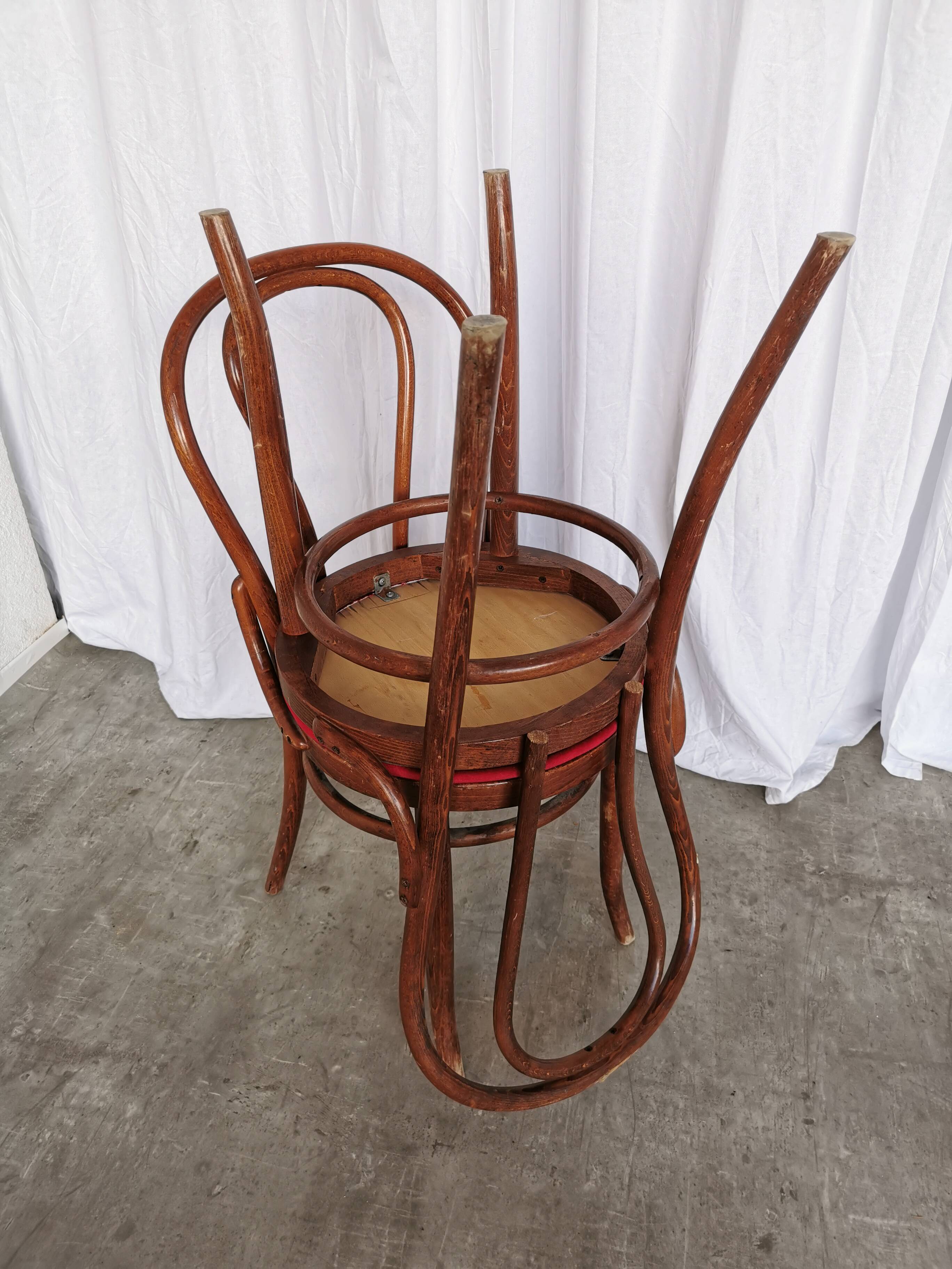 Set of 4 Vintage Bentwood Bistro Chairs, Red Upholstery