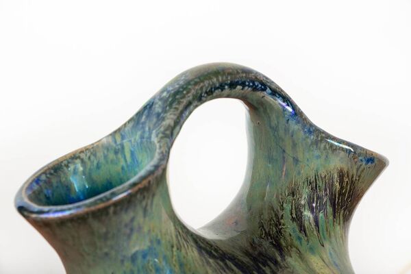 Vase double col Art-Déco en grés flammé vert irisé par Alphonse Cytère.