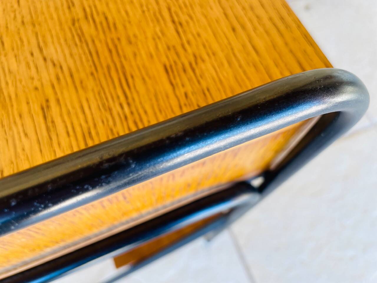 Vintage oak bedside table with black metal legs circa 50s/60s