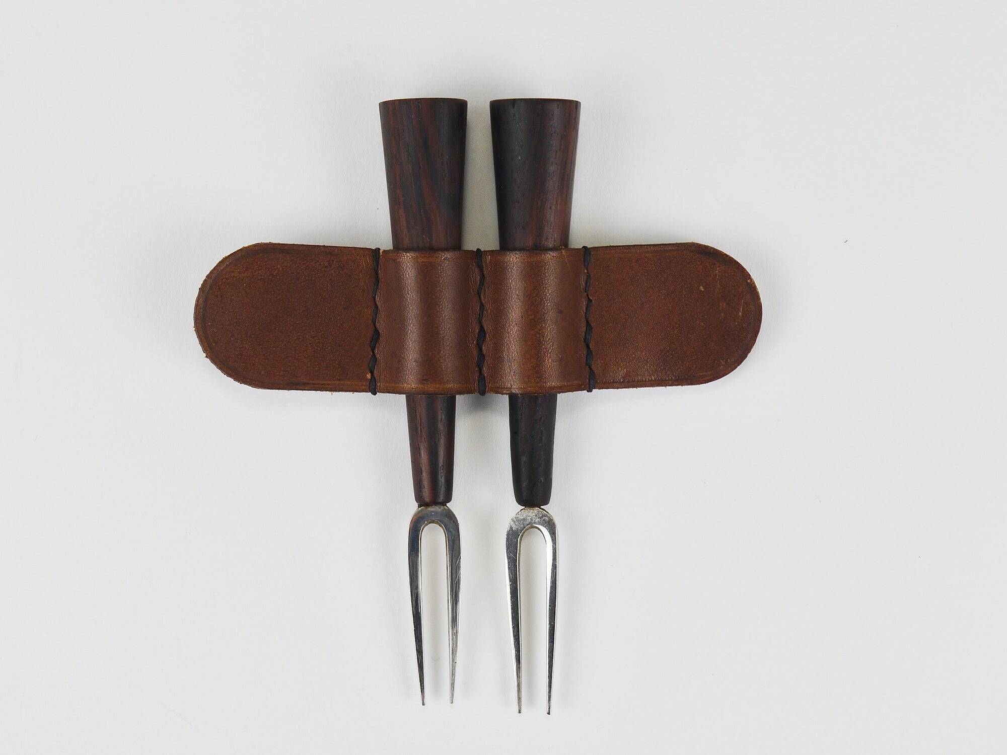 Carl Aubock Forks, Brass, Leather Holder, Corn Cob Skewers, Vienna, 1930s