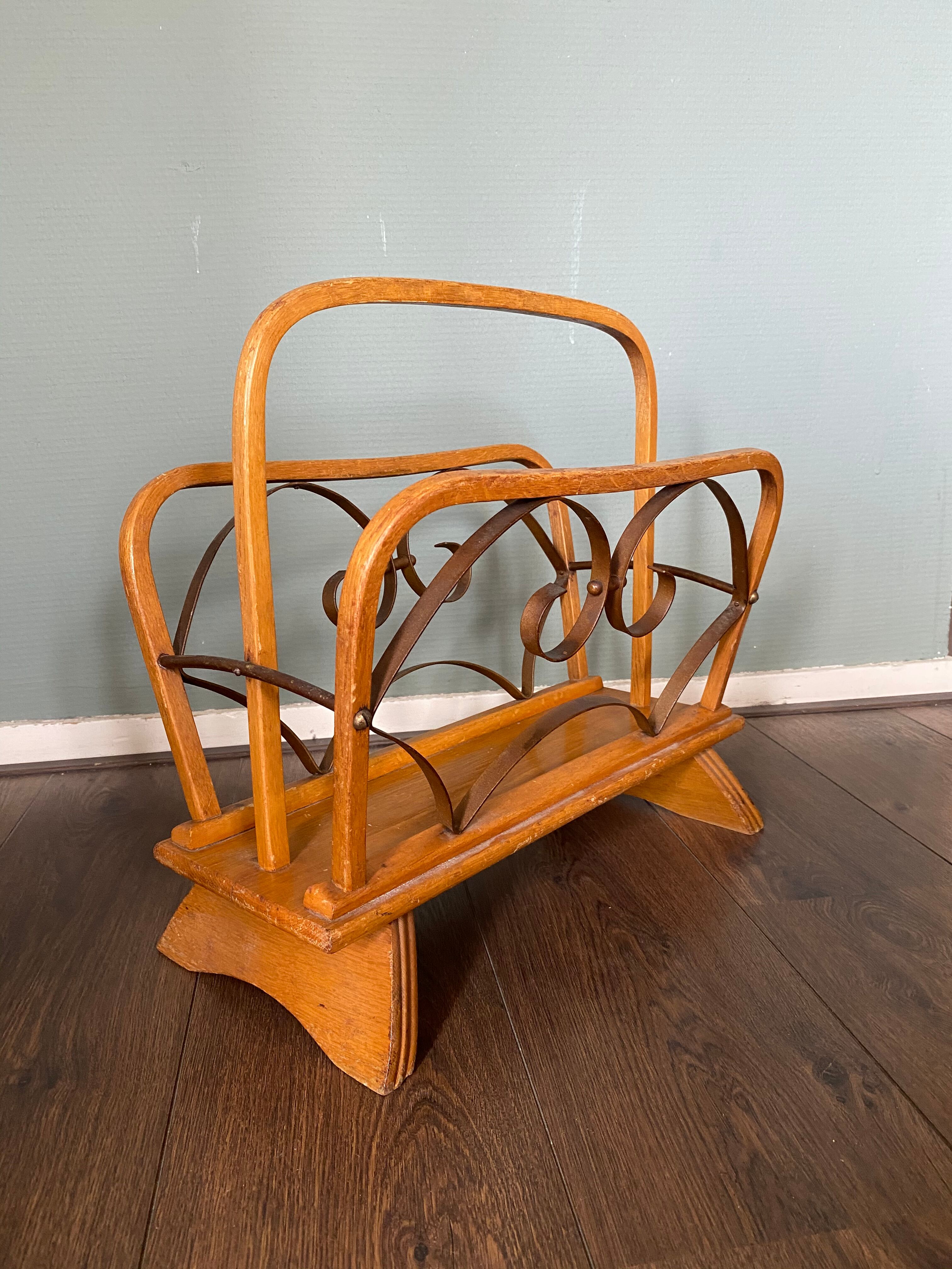 Vintage Wood and Brass Magazine Rack, 1930s