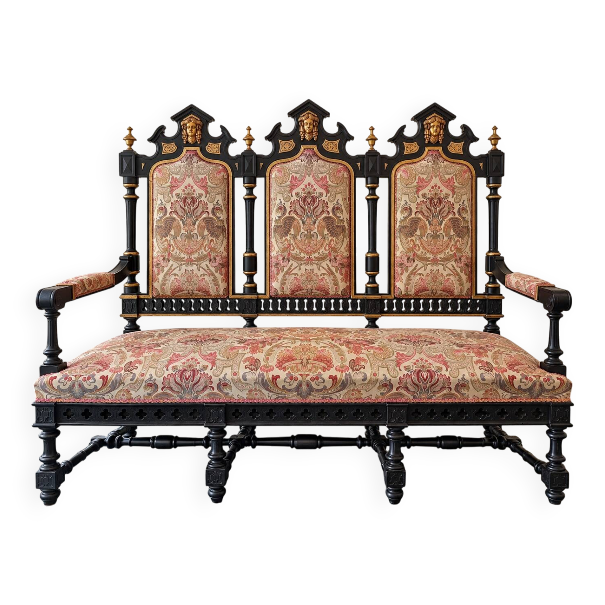 Historicist three-seater canapé in ebonised wood.
