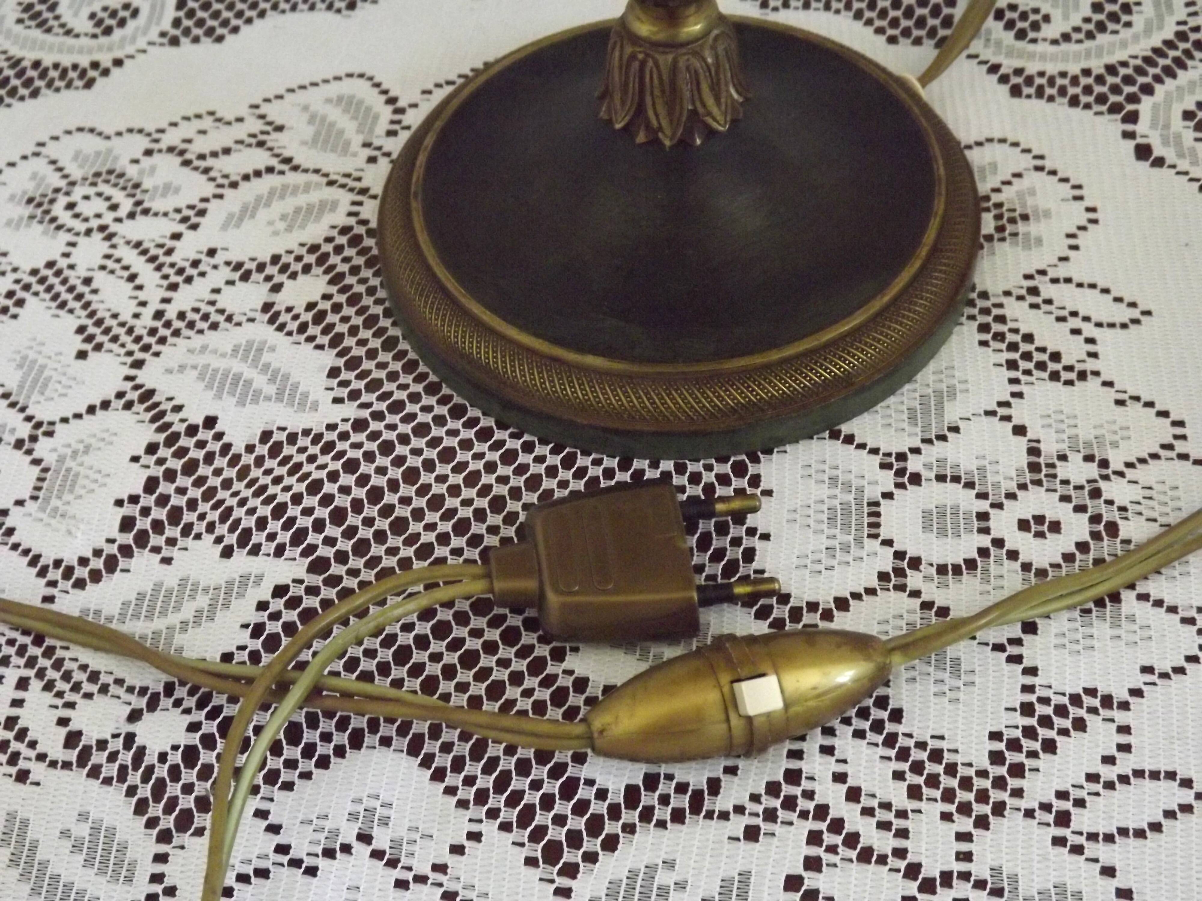 French Empire Style Green & Gold Brass Candlestick Table Lamp & Hide Shade