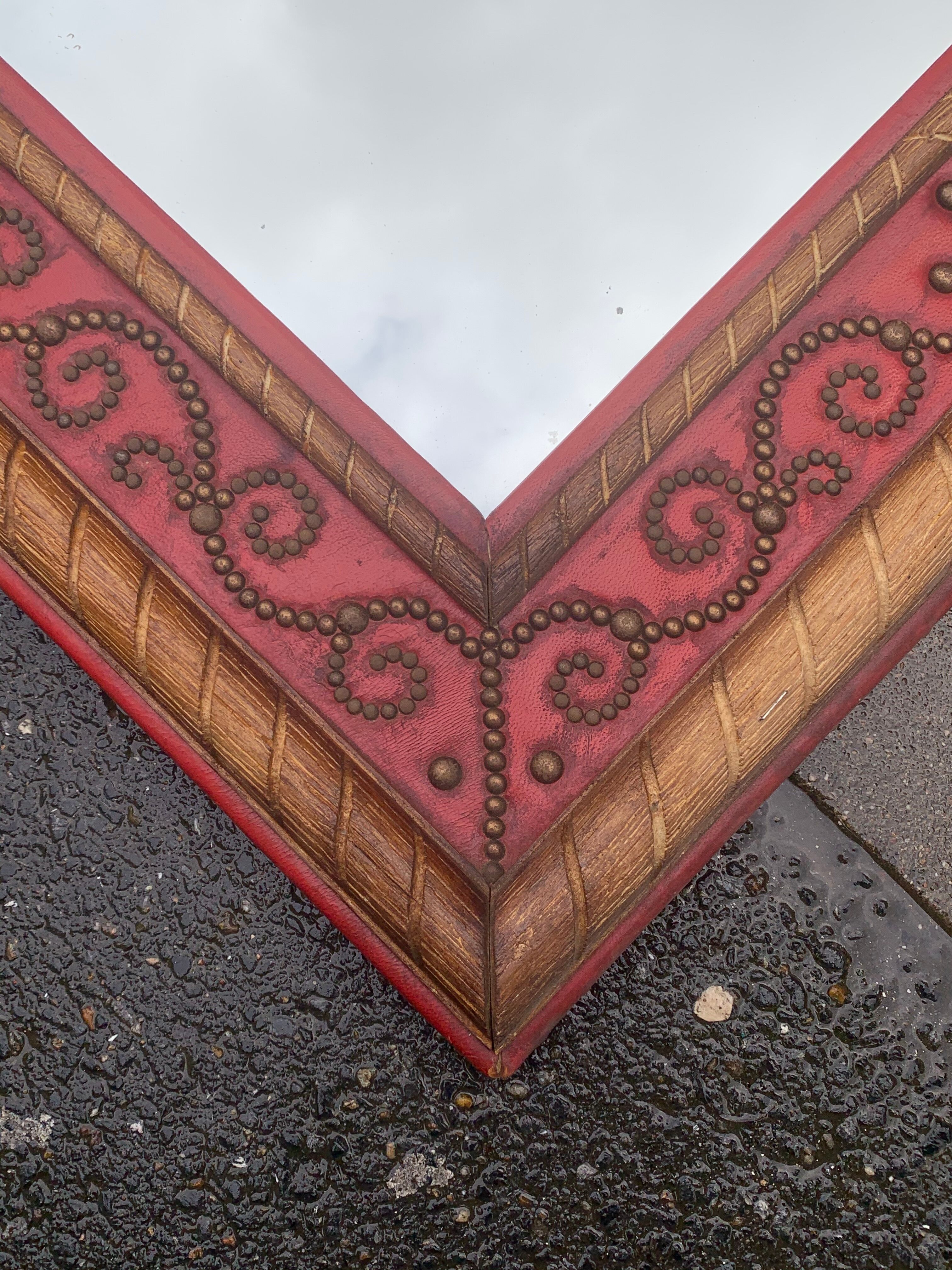 1950 wood and red leather studded mirror