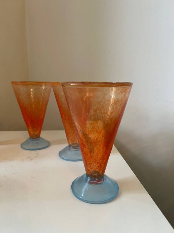 Suite de 6 verres à pied orange bleu vintage design 1990 À.GRAY