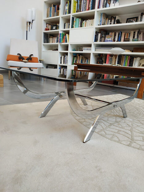 Rectangular chrome metal coffee table and 70s smoked glass