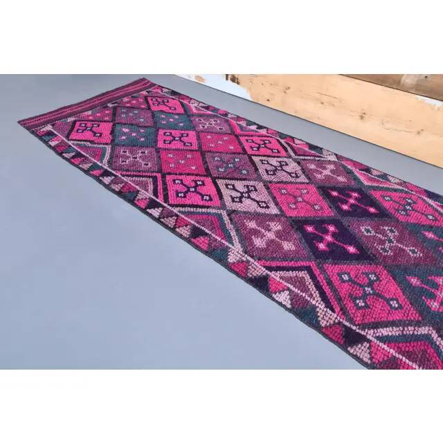 Vintage Hot Pink Turkish Hand-Knotted Runner 81x390