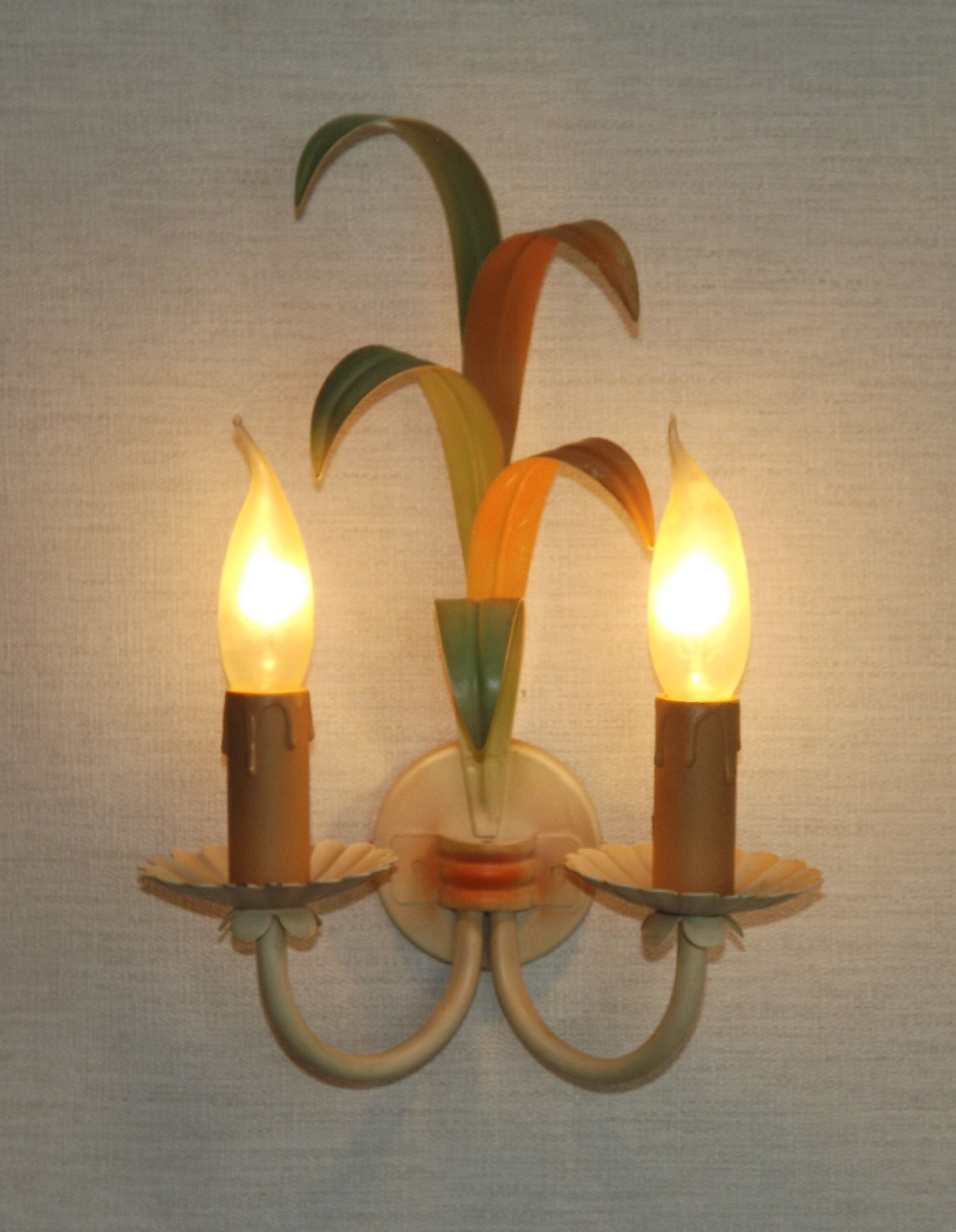 French vintage metal double wall light with peach and green leaves.