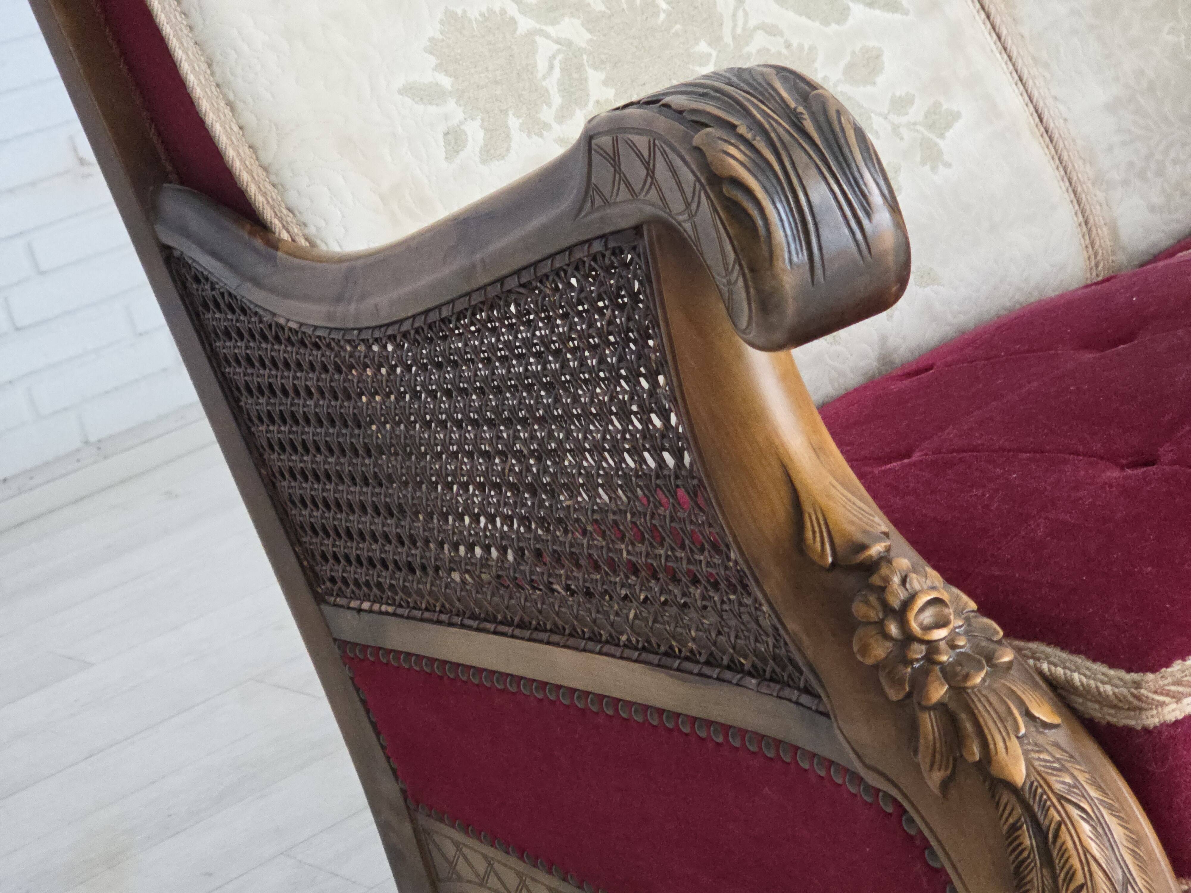 1930s, Danish 3-seater sofa, red furniture velour, furniture mesh.