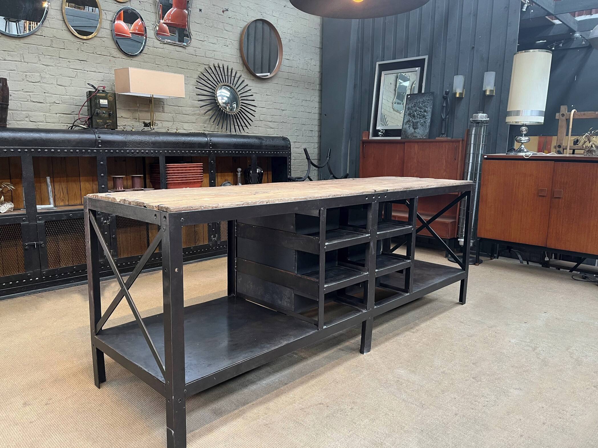 Industrial sideboard from metal and wood factory 1950