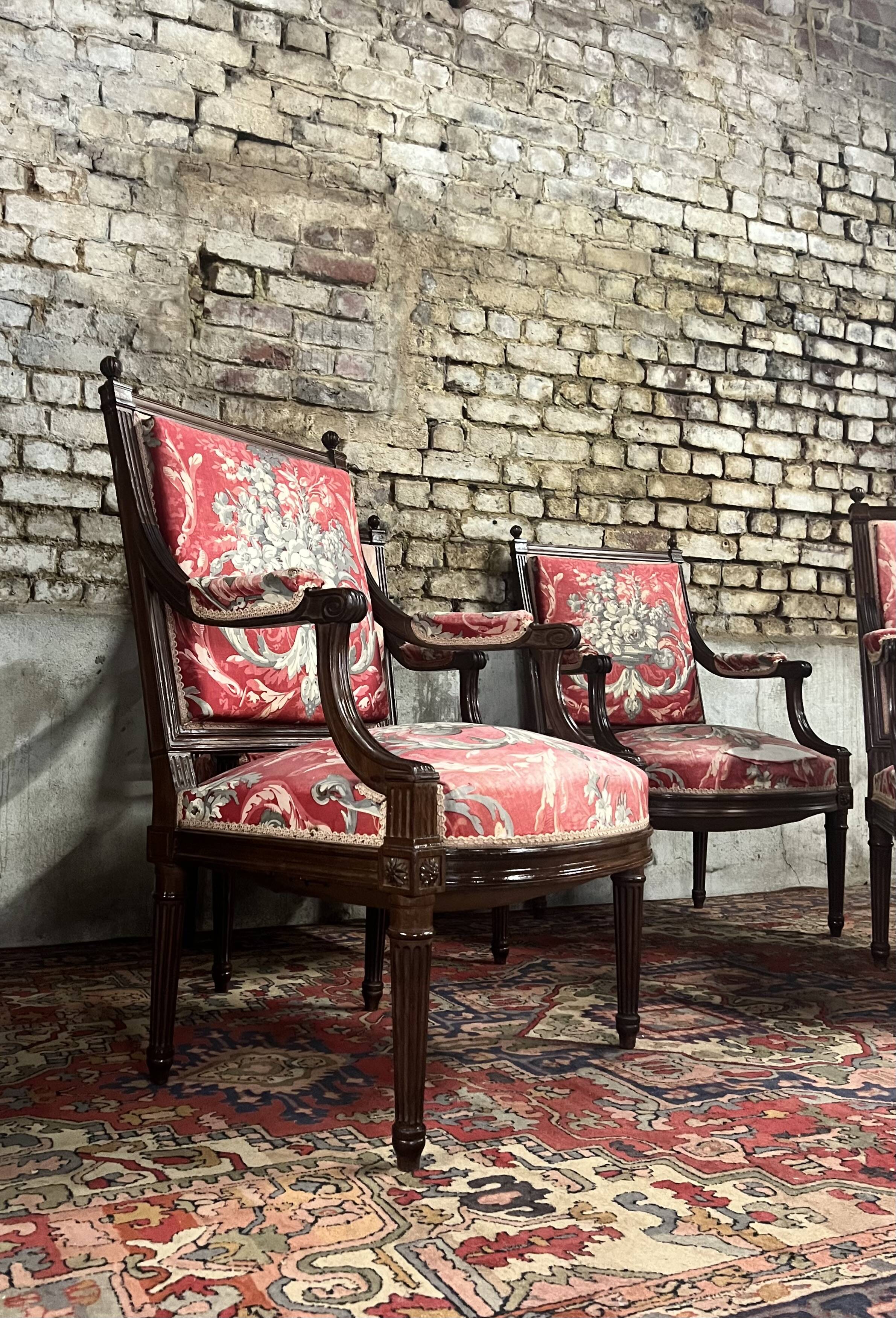 Suite of four queen's armchairs in louis xvi style mahogany xix eme century