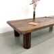Modernist coffee table in solid elm, cylindrical pine base, 1970s.
