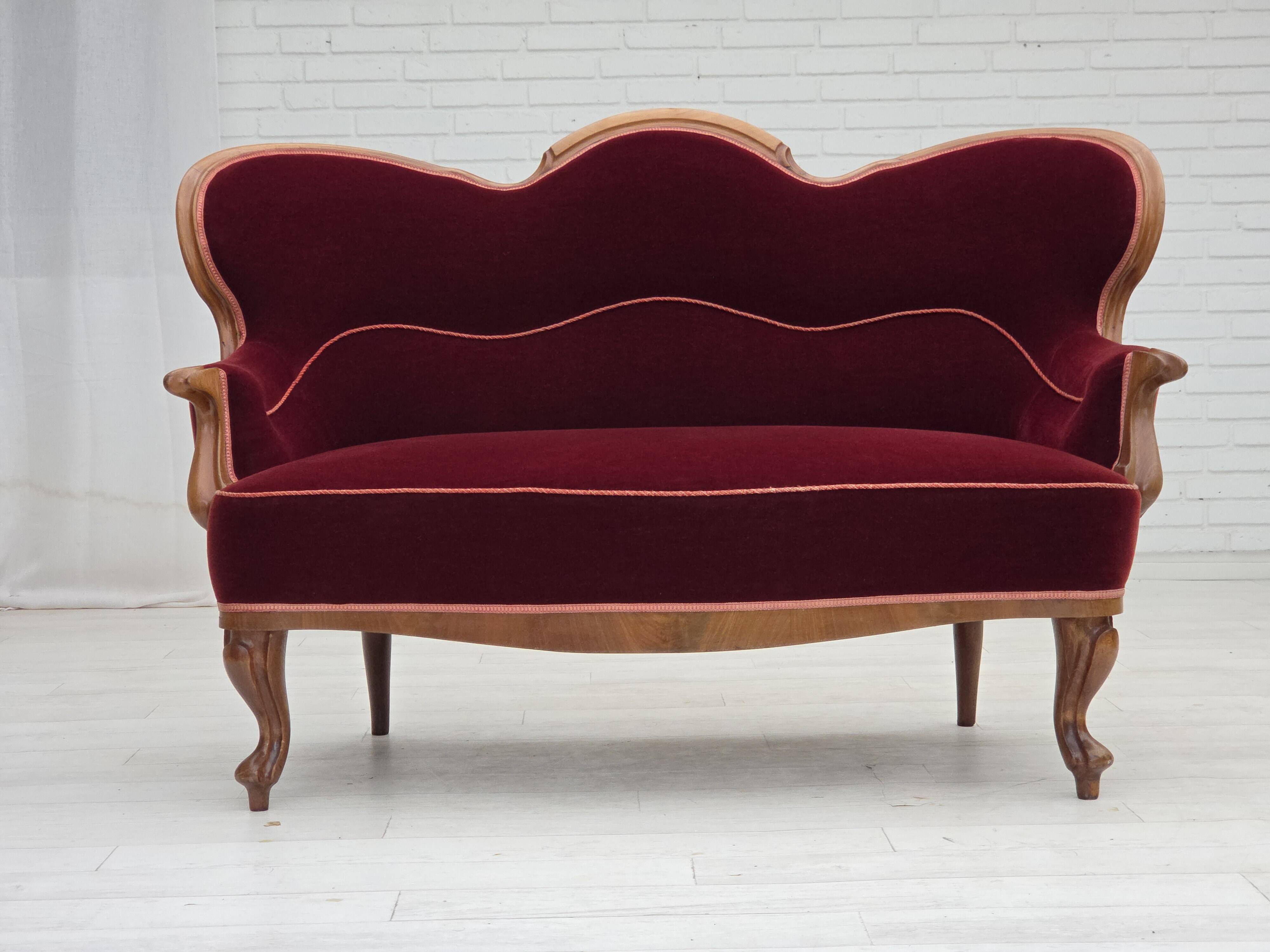 1930s, Danish 2-seater sofa, furniture velour, ash wood, reupholstered.