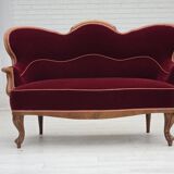 Canapé danois 2 places des années 1930, velours d'ameublement, bois de frêne, retapissé.