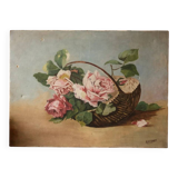 Old table flowers – oil on canvas – roses in a basket – the bucolic invitation