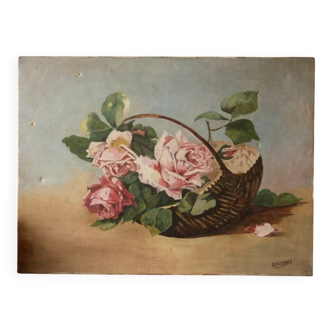 Old table flowers – oil on canvas – roses in a basket – the bucolic invitation