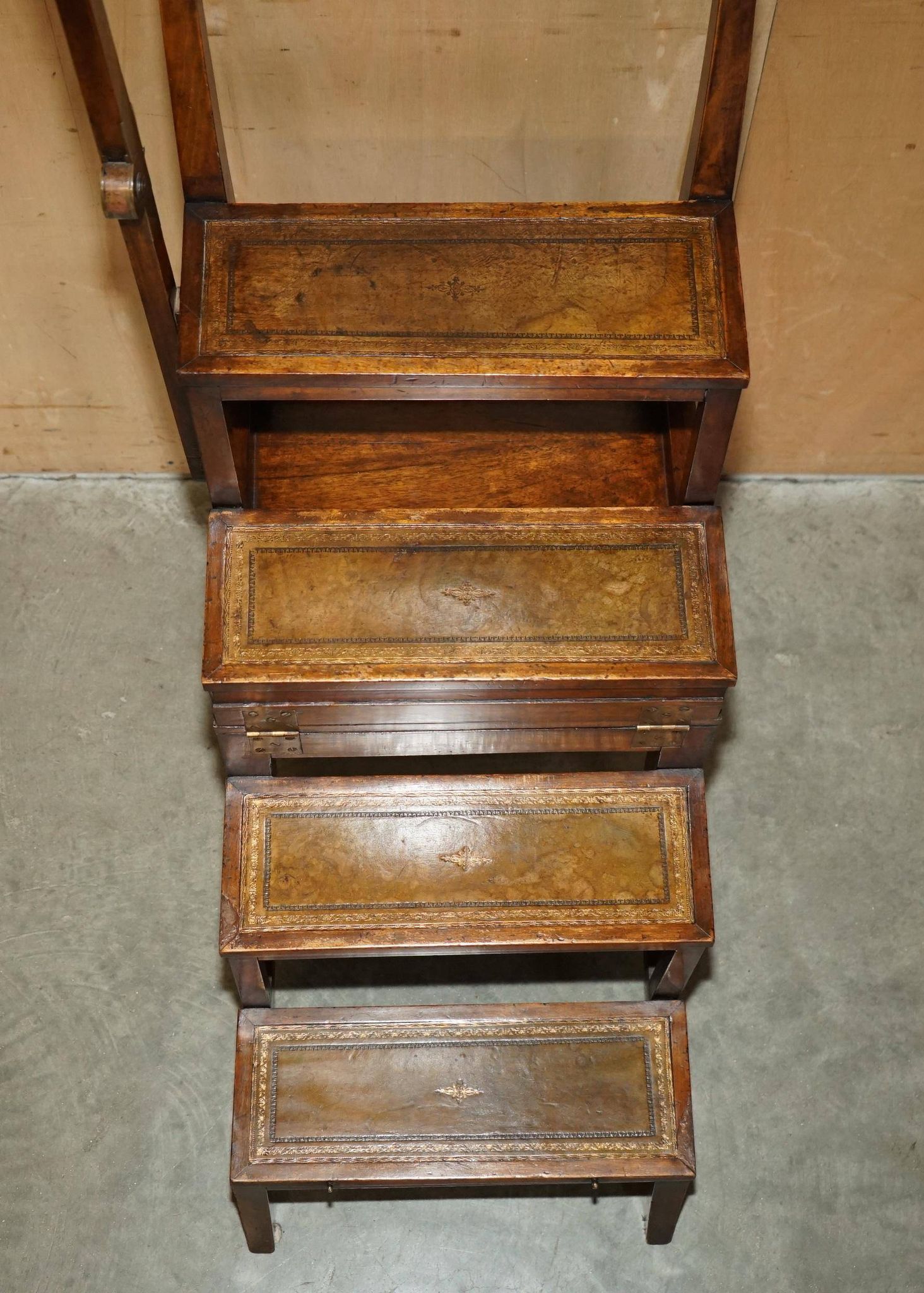 Victorian library chair, convertible, hardwood, leather, brass, circa 1880.