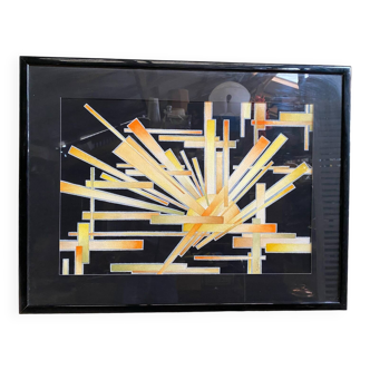 Old painting monique laville volcanic eruption + black wood frame