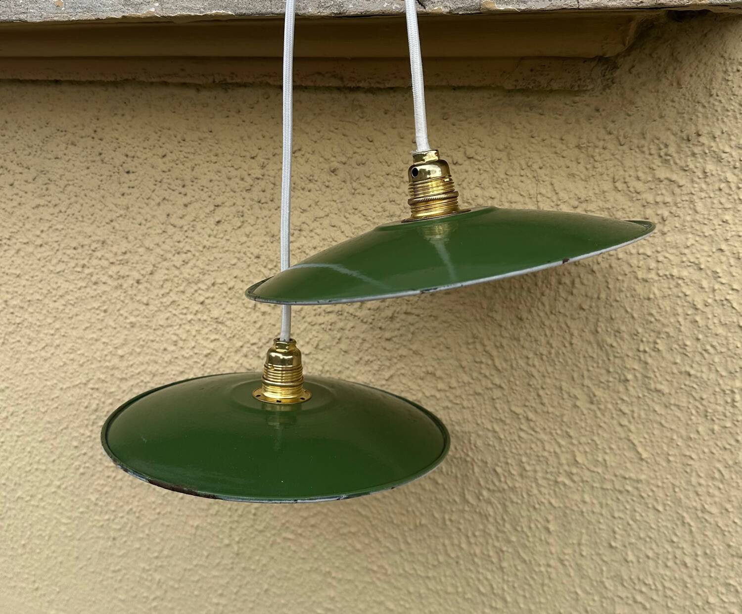 Pair of vintage lampshades, old enamelled sheet metal lampshades