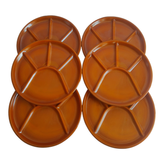 Set of 6 plates with compartments melted brown opaline volcano vintage