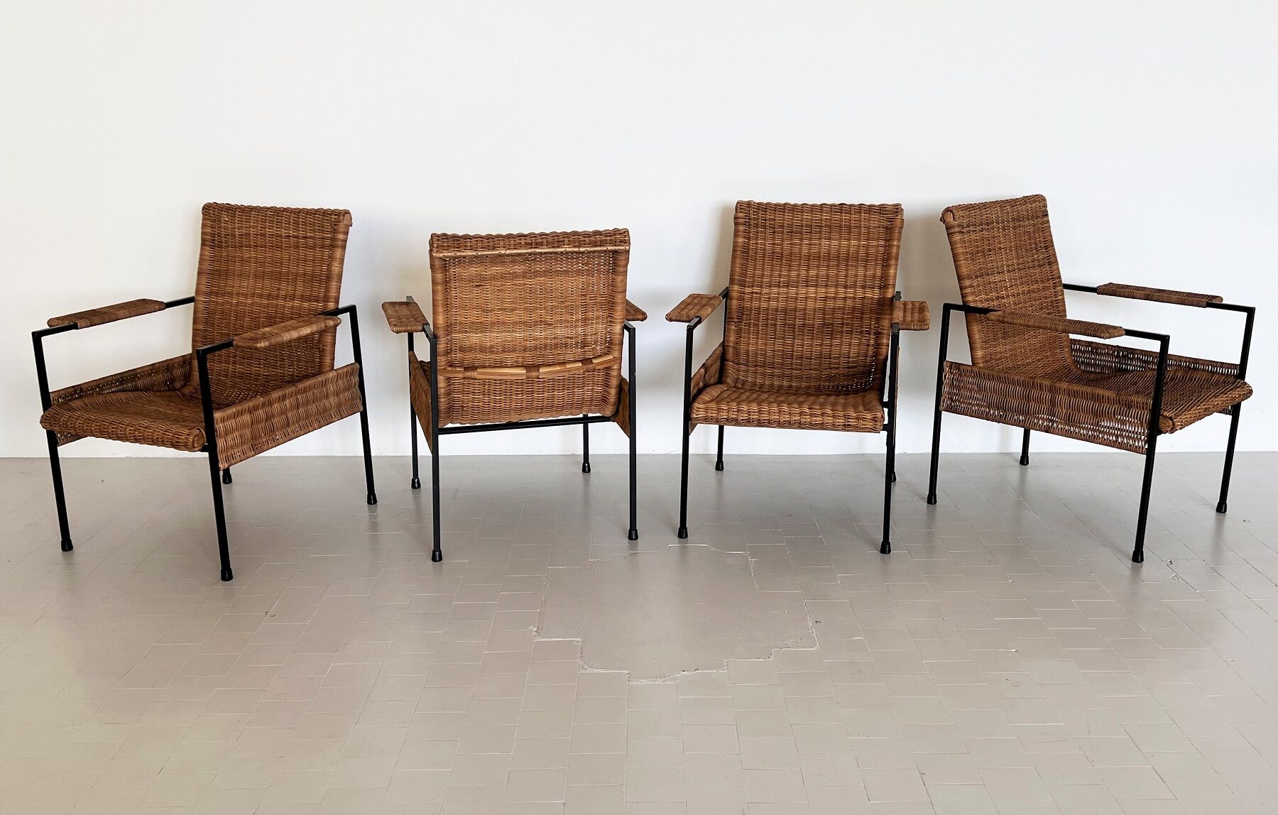 Rattan wicker and iron lounge chairs, set of 4