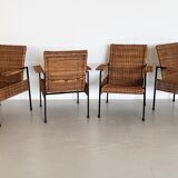 Rattan wicker and iron lounge chairs, set of 4